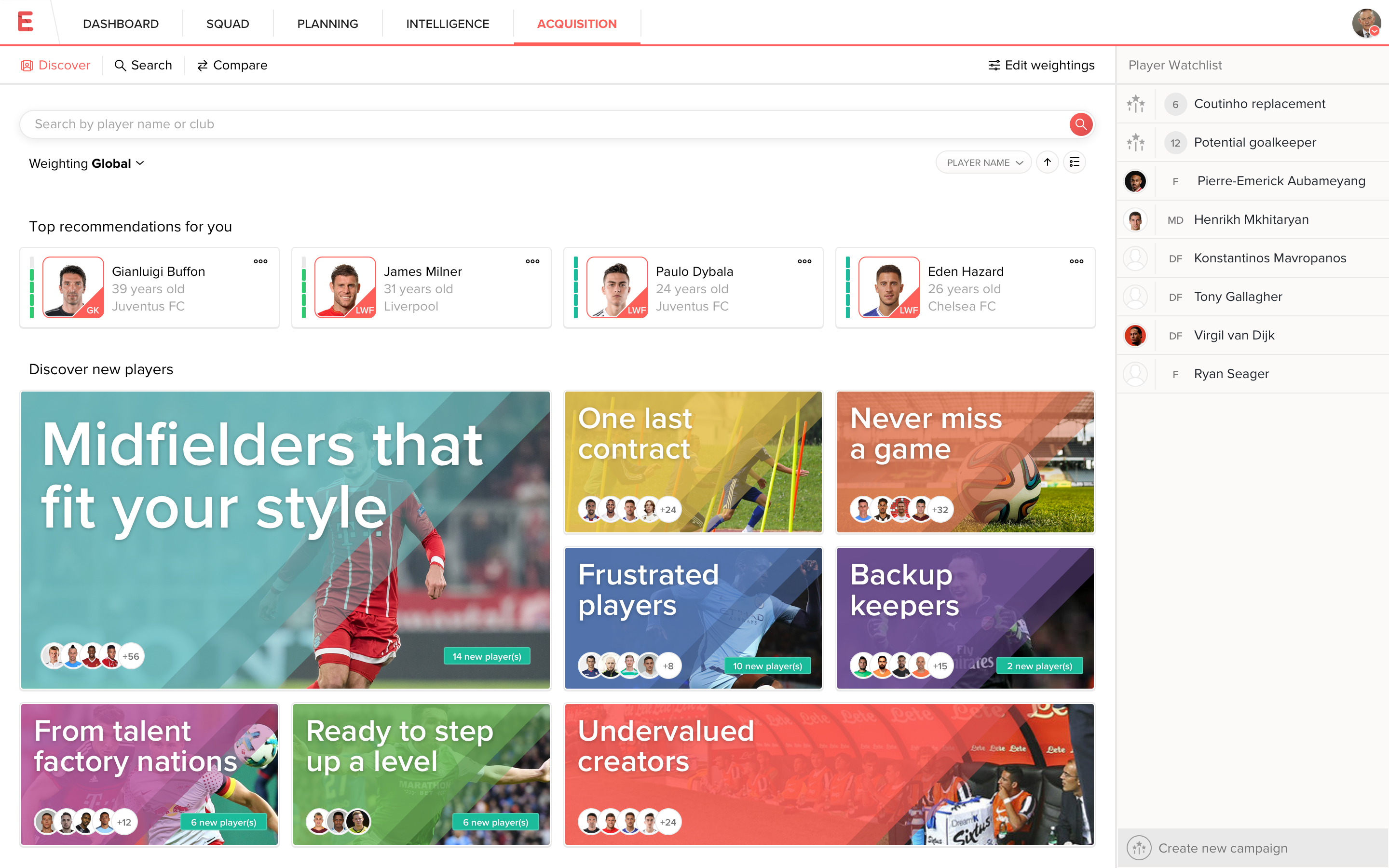 Evolution Discover screen with player recommendations and themed discovery collections