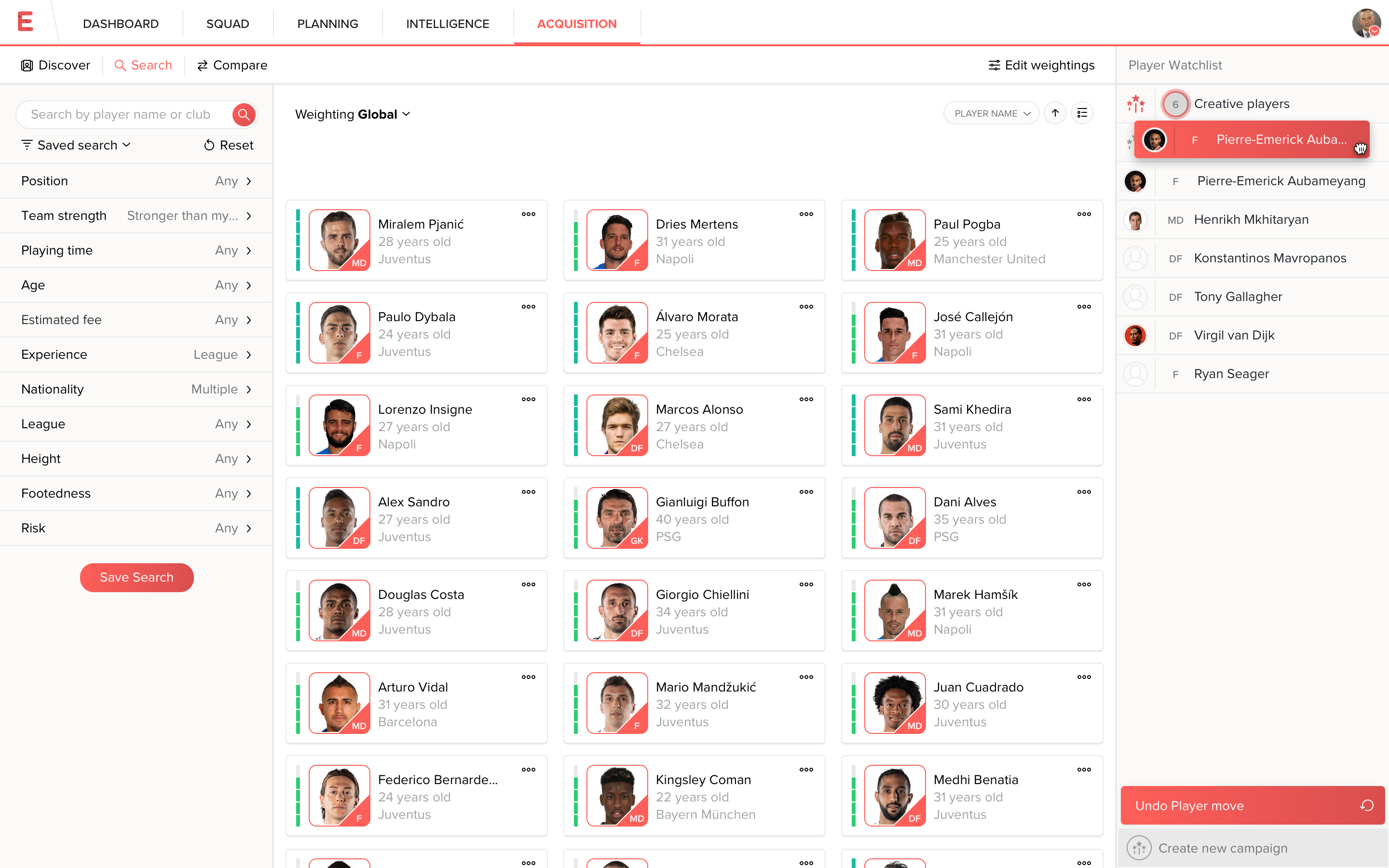 Evolution search screen demonstrating drag-and-drop player shortlist management