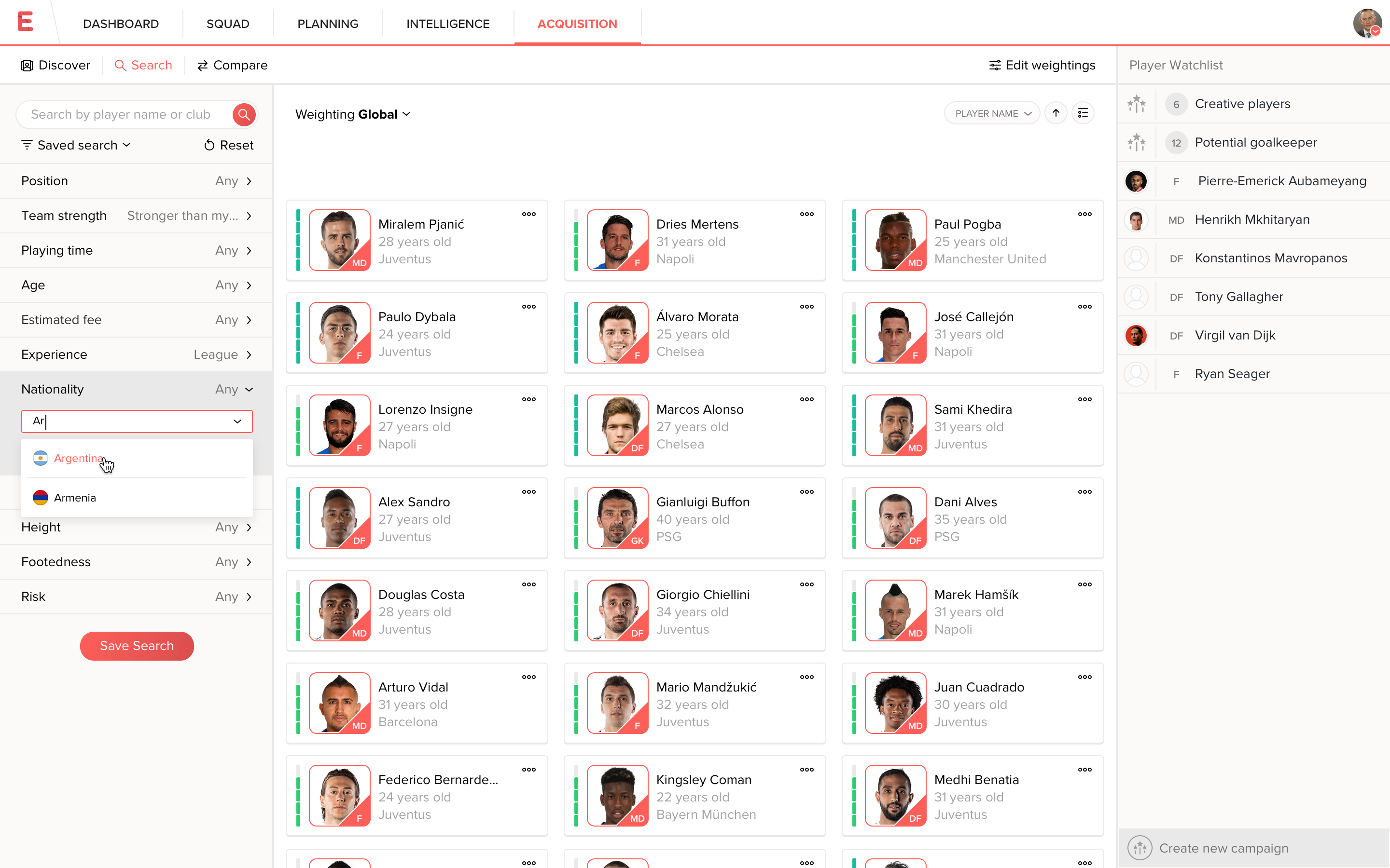 Evolution player search results with the nationality filter open