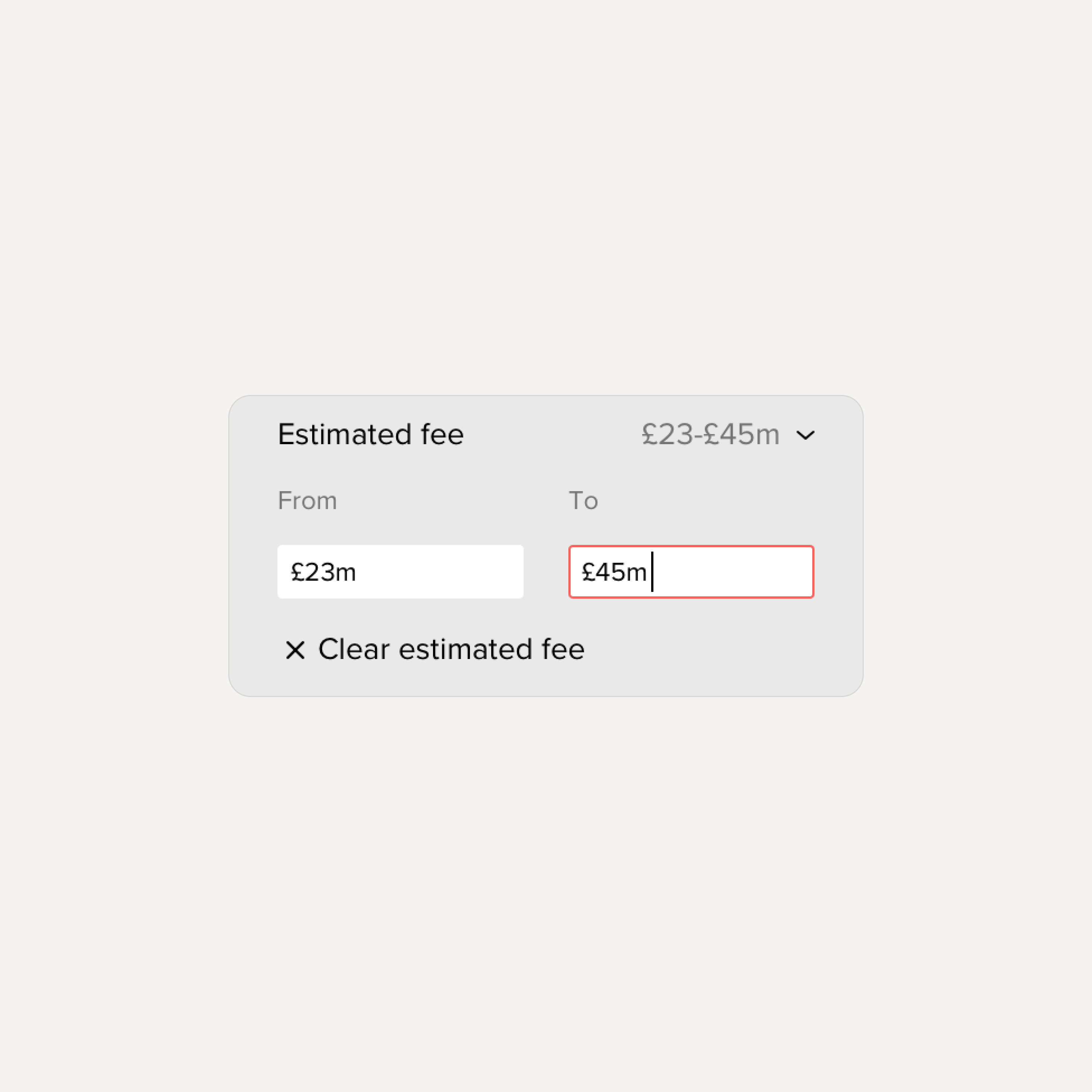 Estimated fee filter with minimum and maximum text inputs