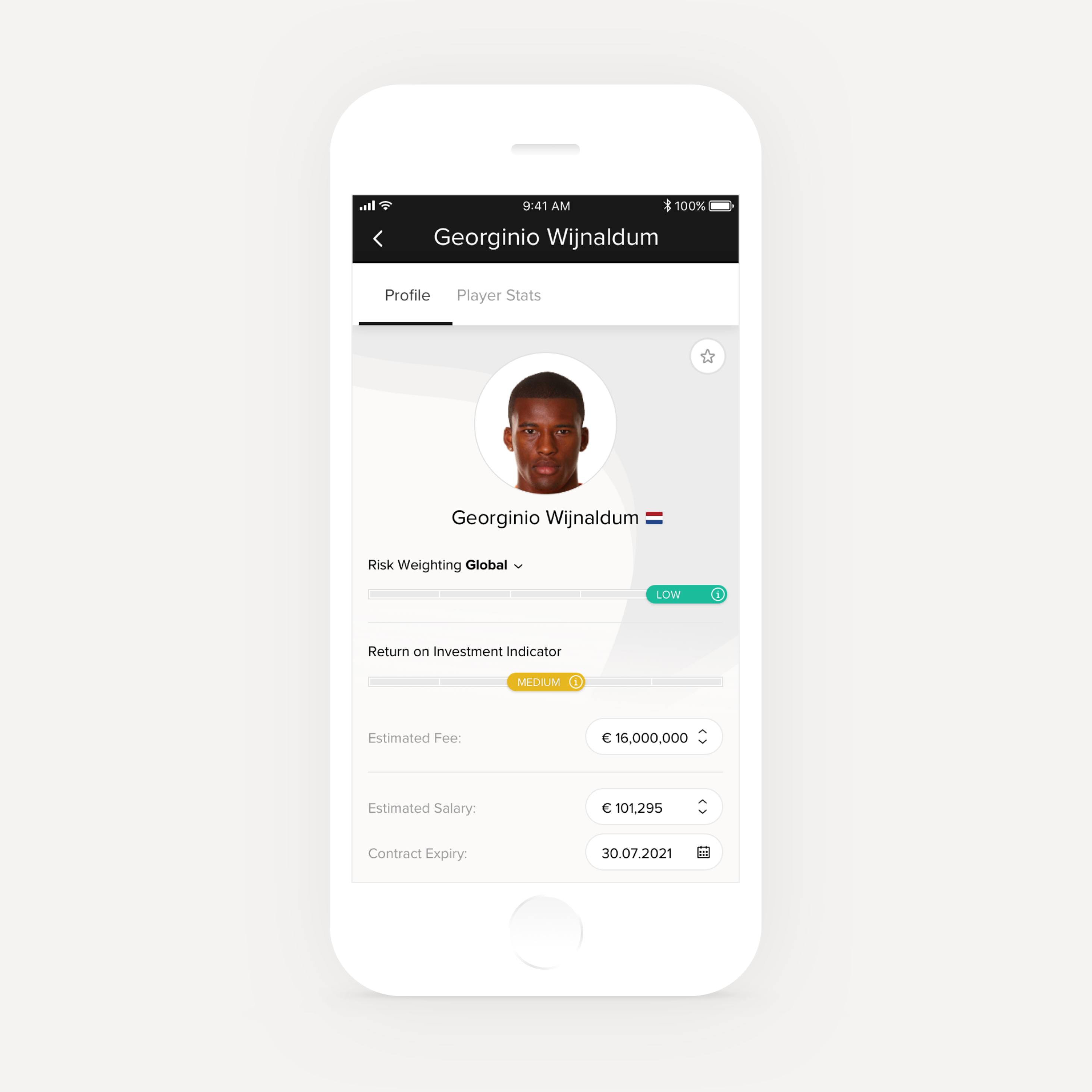 Evolution mobile player profile showing risk, return on investment and cost