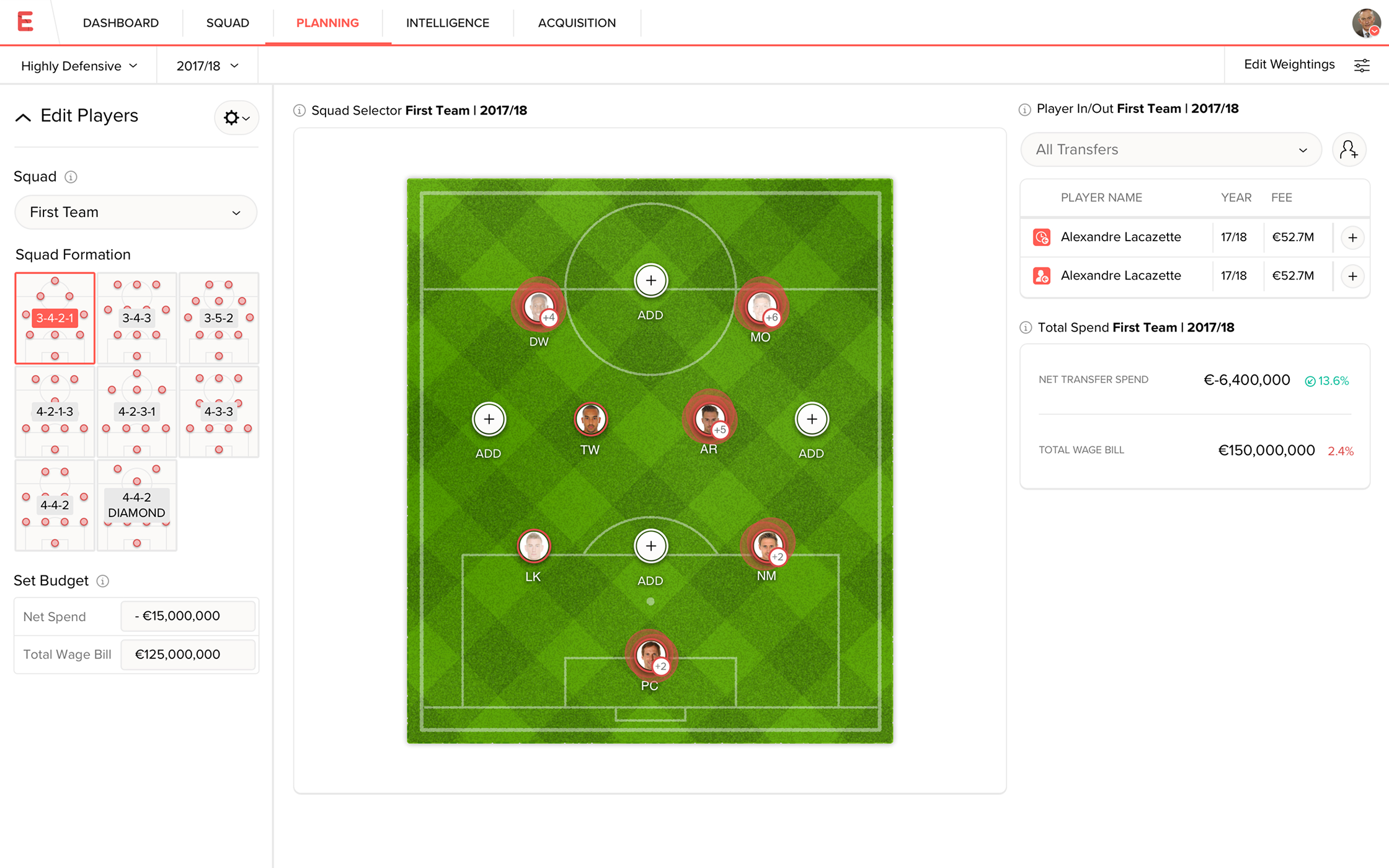 Evolution squad planning screen for editing a first-team formation, transfers and budget