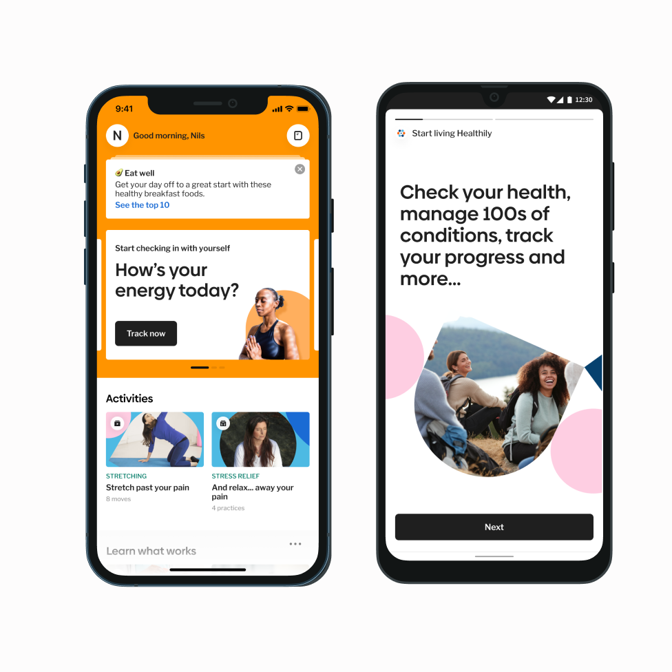 Healthily mobile product design showing personalised health guidance and tracking interfaces