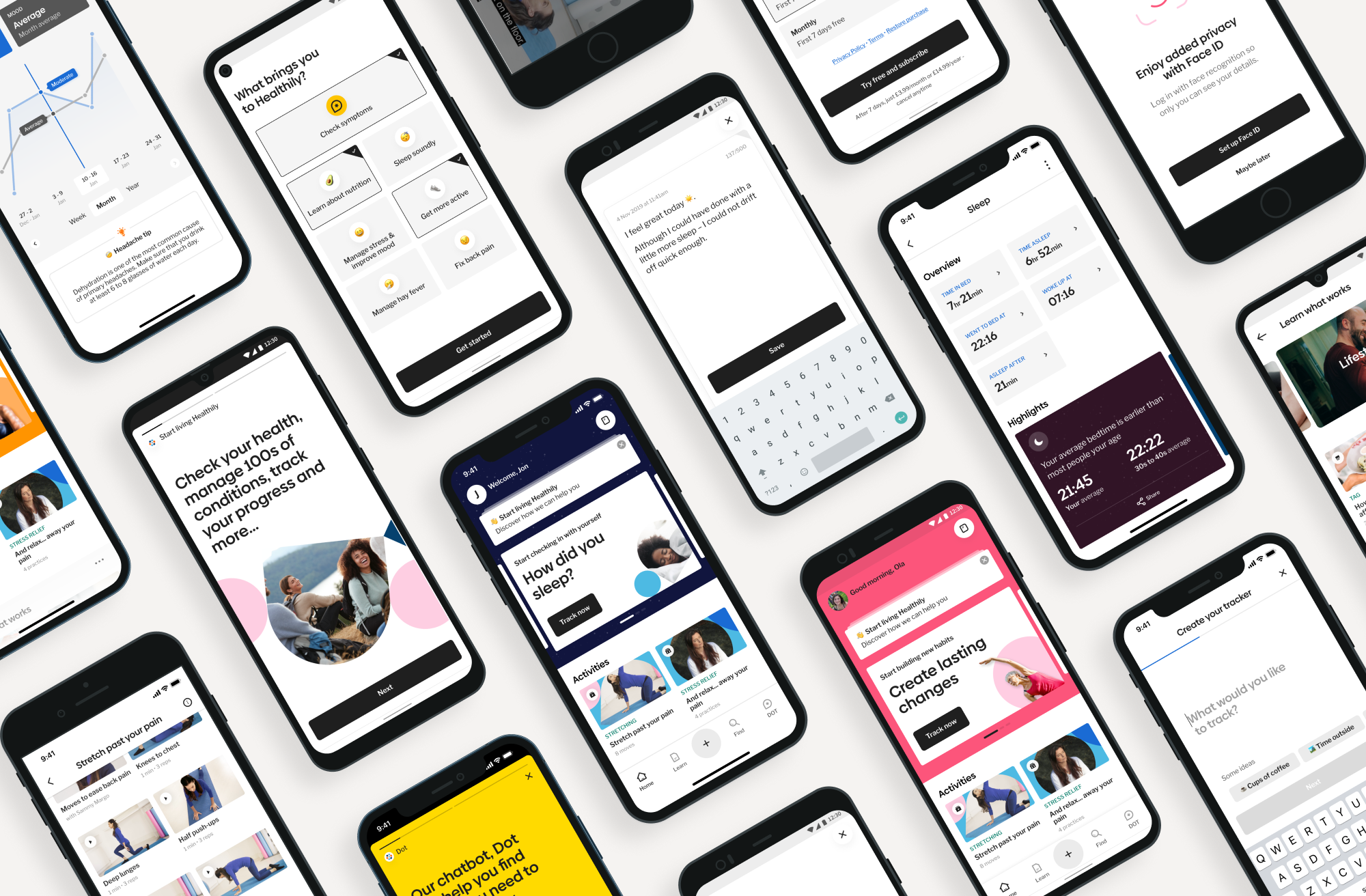Healthily product screens showing health assessments, guidance, tracking and content across mobile and web.