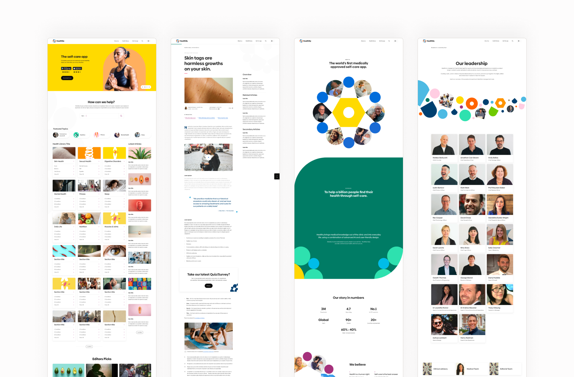 Healthily website interface applying the new brand across health guidance and editorial content