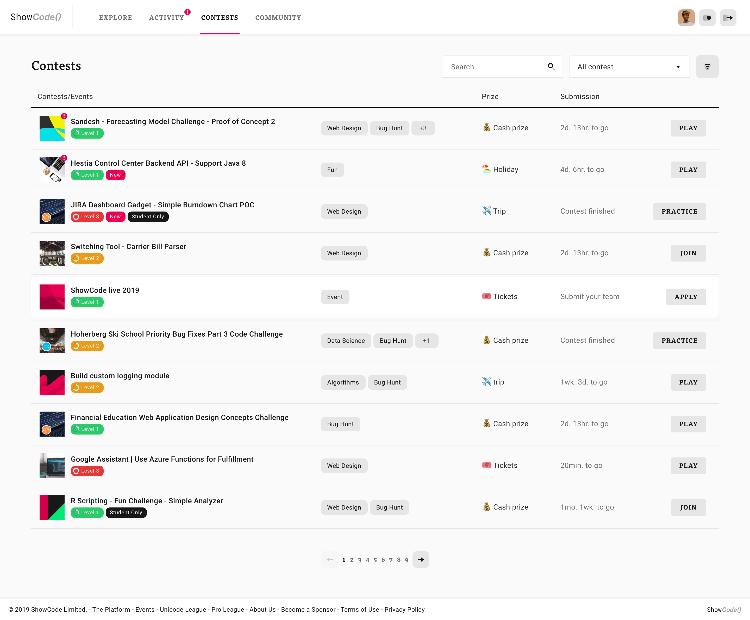 ShowCode contest page with challenge details, timeline and entry controls