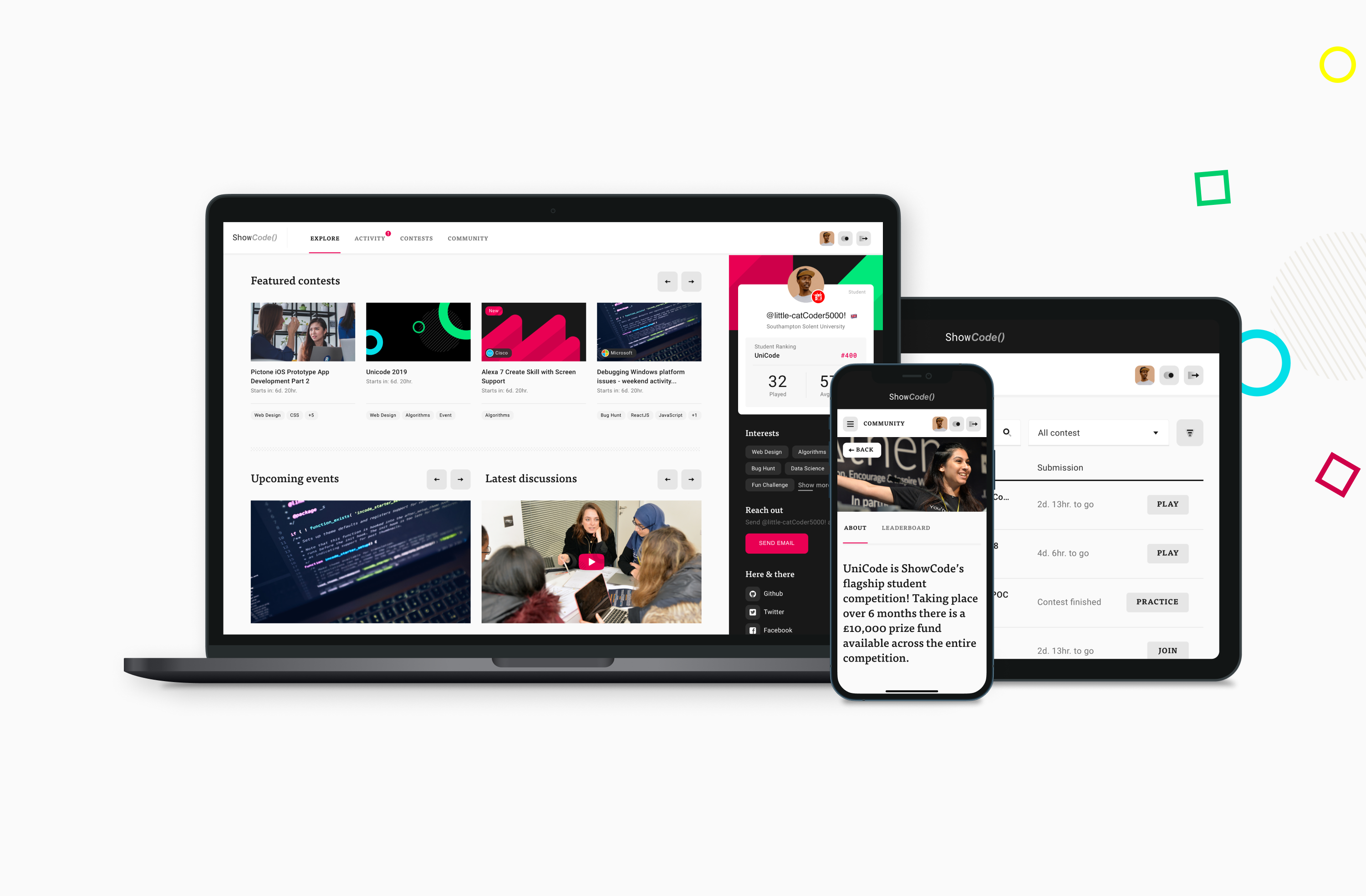 ShowCode platform displayed across laptop, tablet and mobile devices